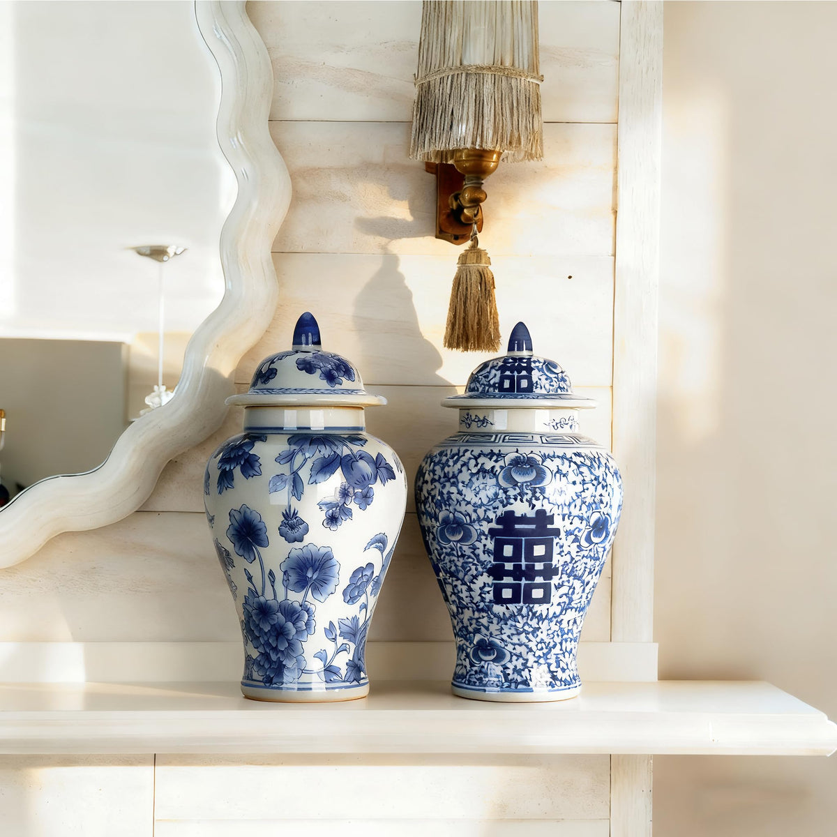 Blue and White Ginger Jar with Lid, 11 Inch