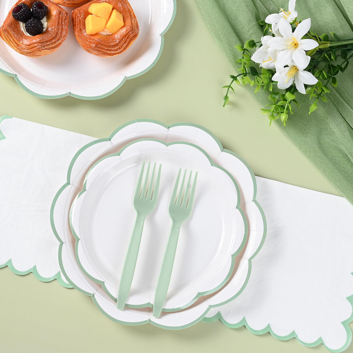 Blue Scalloped Paper Plates and Napkins, Serves 24