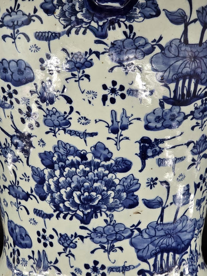 Blue and White Lotus Ginger Jar, 19 Inch