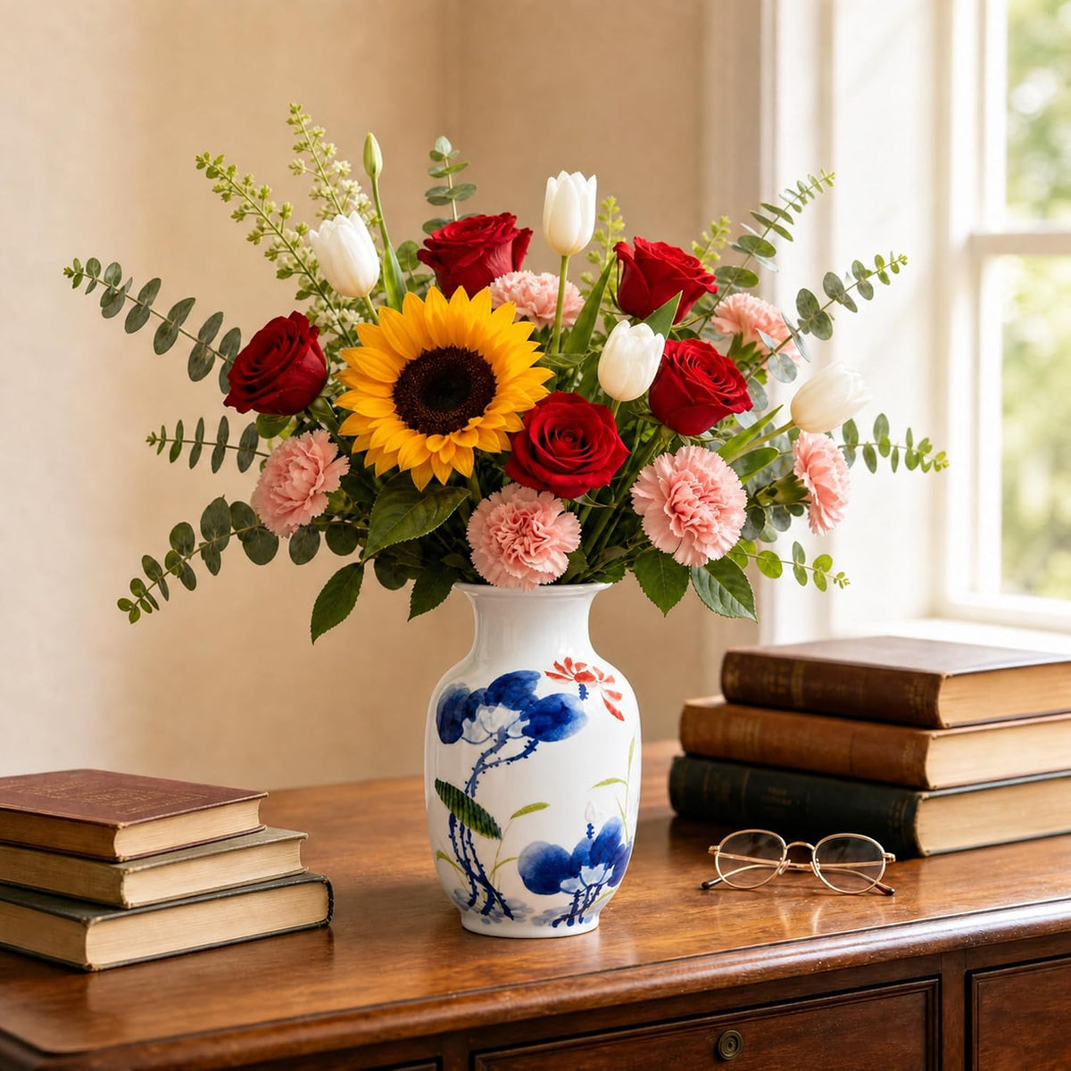 Blue and White Chinoiserie Vase, 8 or 9 Inch