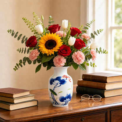 Blue and White Chinoiserie Vase, 8 or 9 Inch
