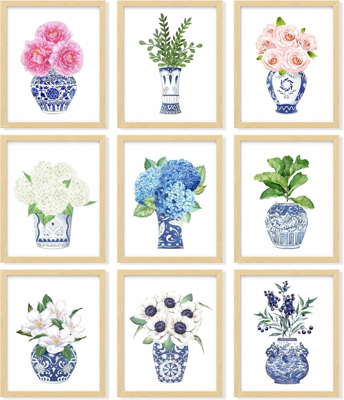 Blue and White Ginger Jar Wall Art Prints, Set of 9