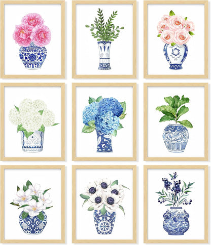 Blue and White Ginger Jar Wall Art Prints, Set of 9