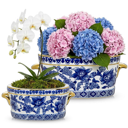 Blue Floral Oval Ceramic Cachepot, 10.6 in