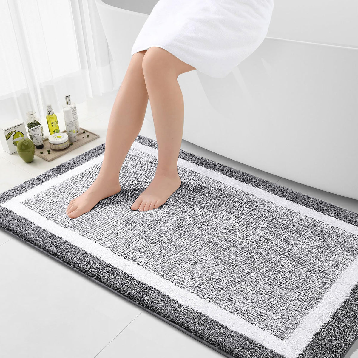 Navy and White Microfiber Bath Rug, 36 x 24