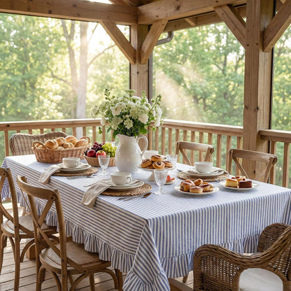 Blue and White Stripe Scalloped Tablecloth, 84 x 60