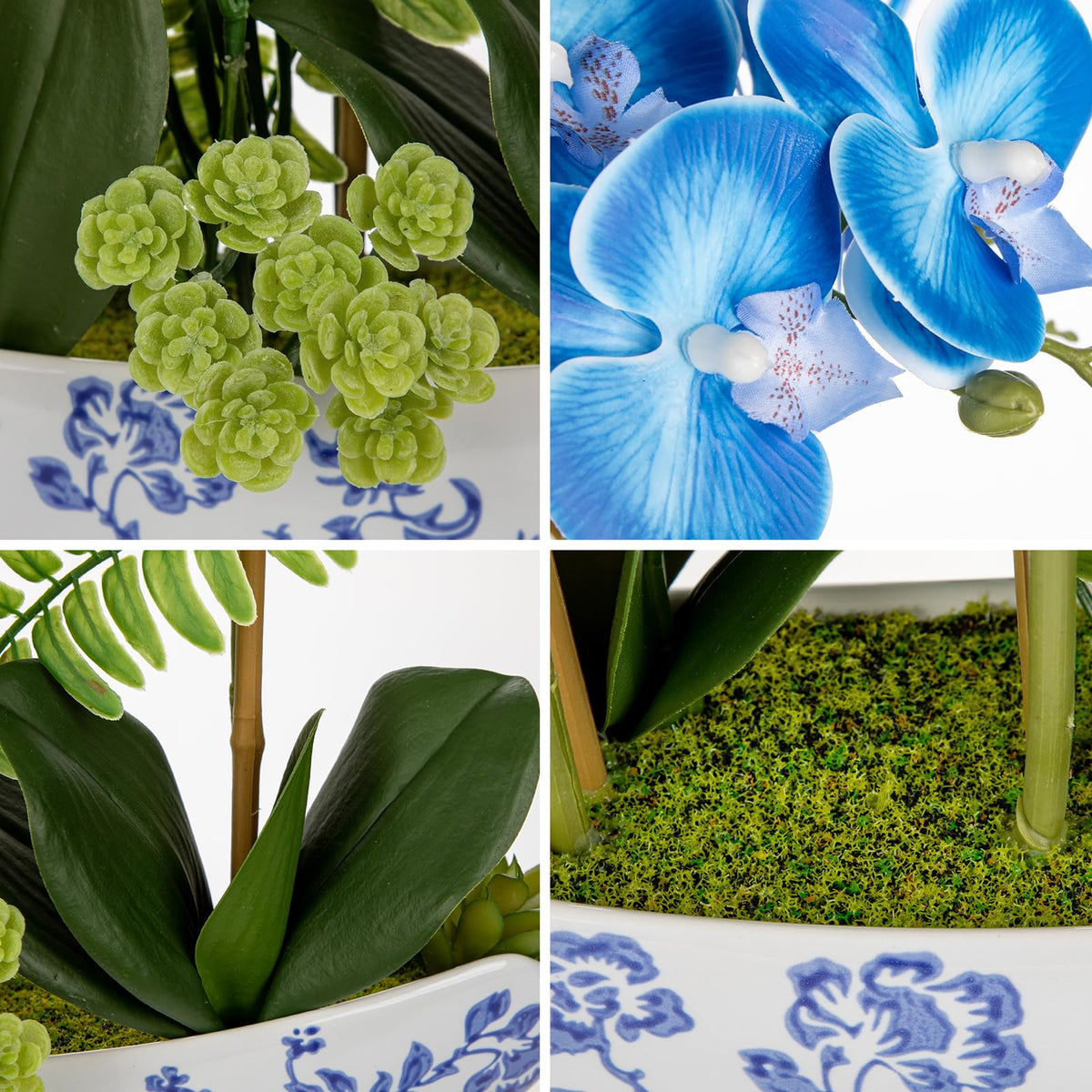 Briful Faux Orchid in Blue and White Boat Vase