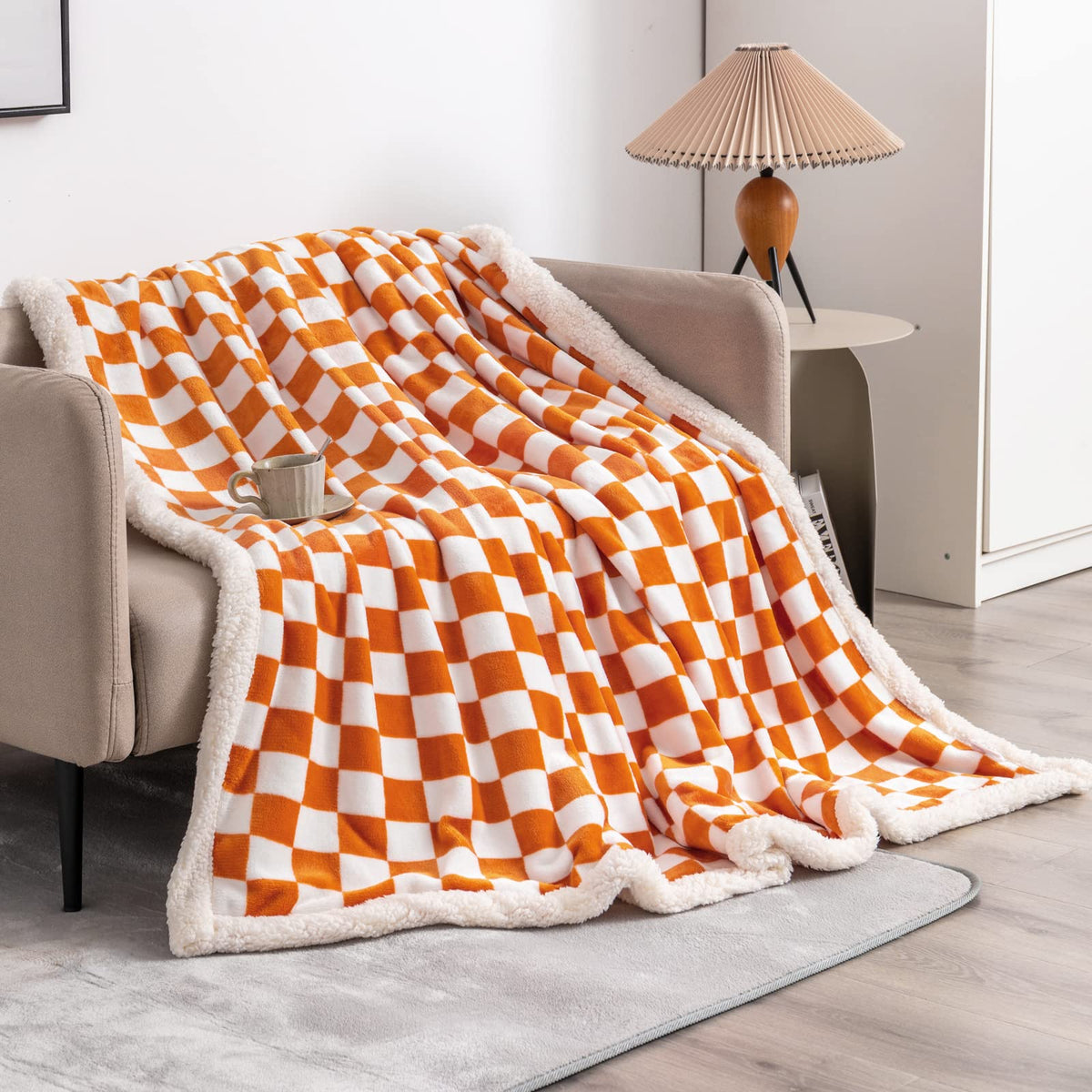Navy Checkered Sherpa Throw Blanket