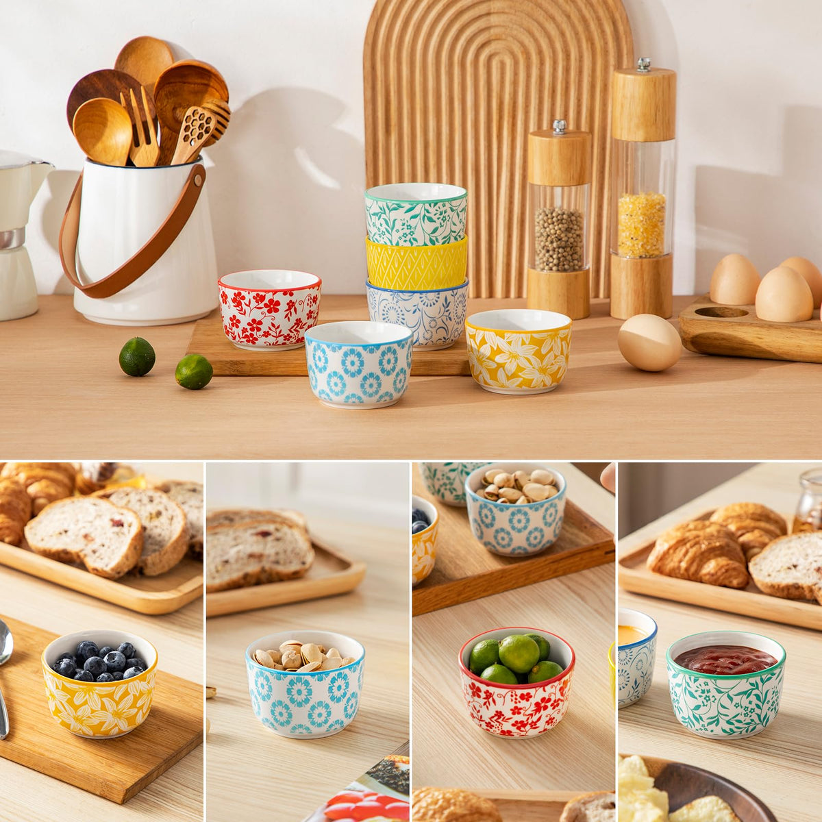 Floral Ceramic Ramekins, Set of 6