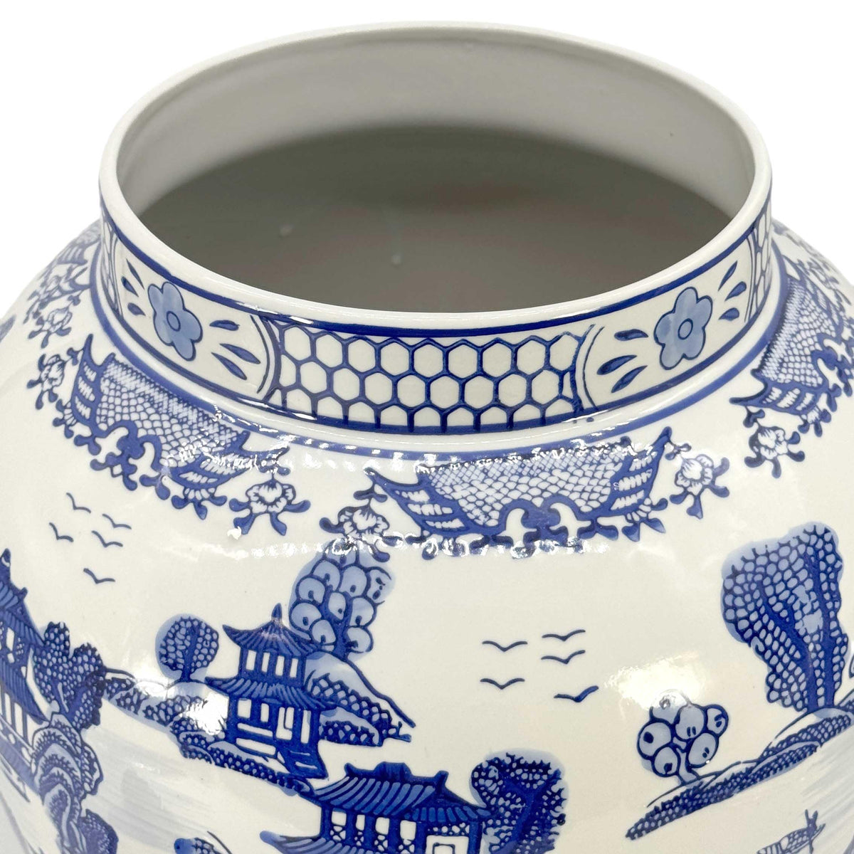 Large 25 Inch Blue and White Chinoiserie Temple Jar