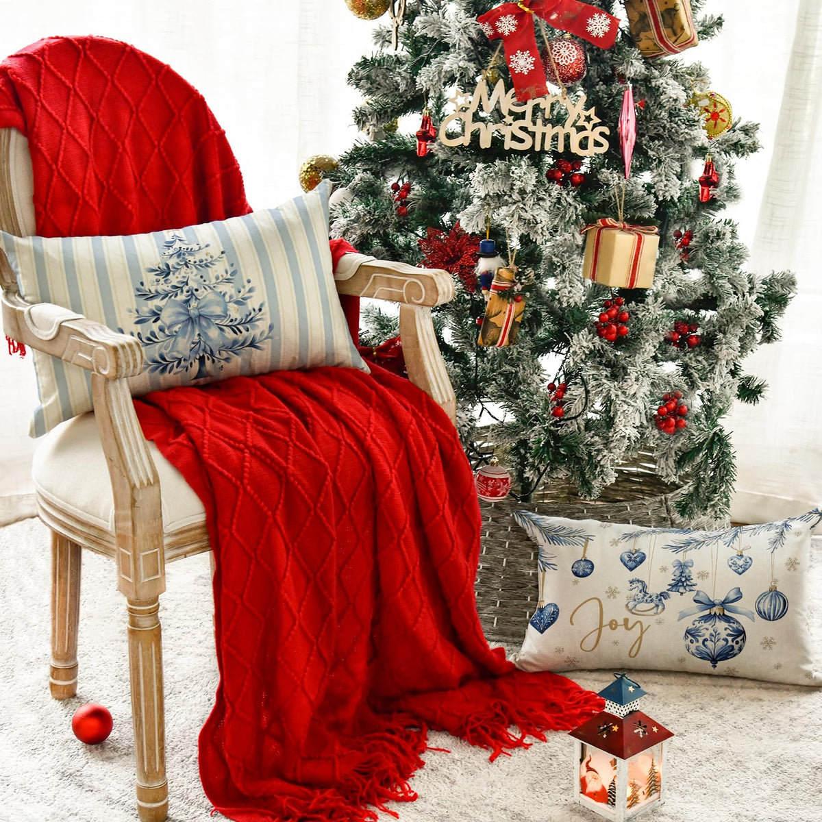 Blue Stripe Christmas Pillow Covers, Set of 4