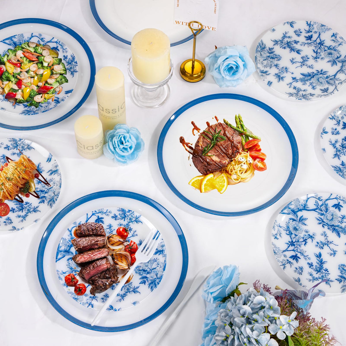Blue Floral Plastic Plates, 60 Pieces