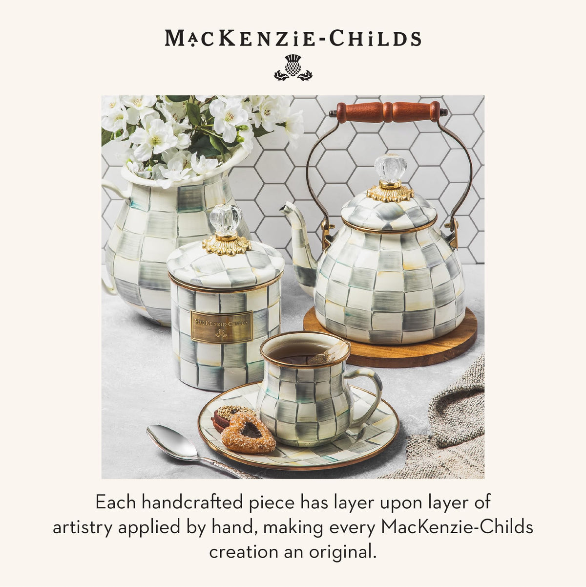 MacKenzie-Childs Enamel Tea Kettle, Royal Check