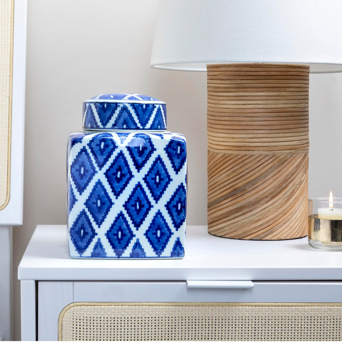 Square Ceramic Ginger Jar with Lid, Blue and White