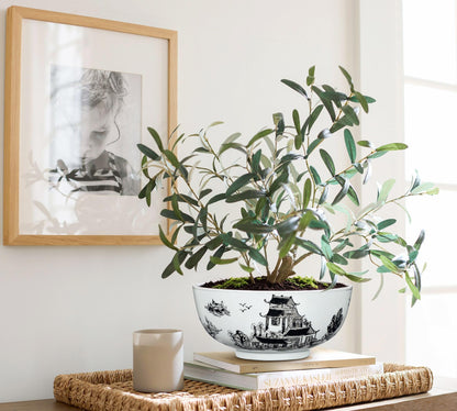 Blue and White Chinoiserie Bowl Planter, 9 Inch