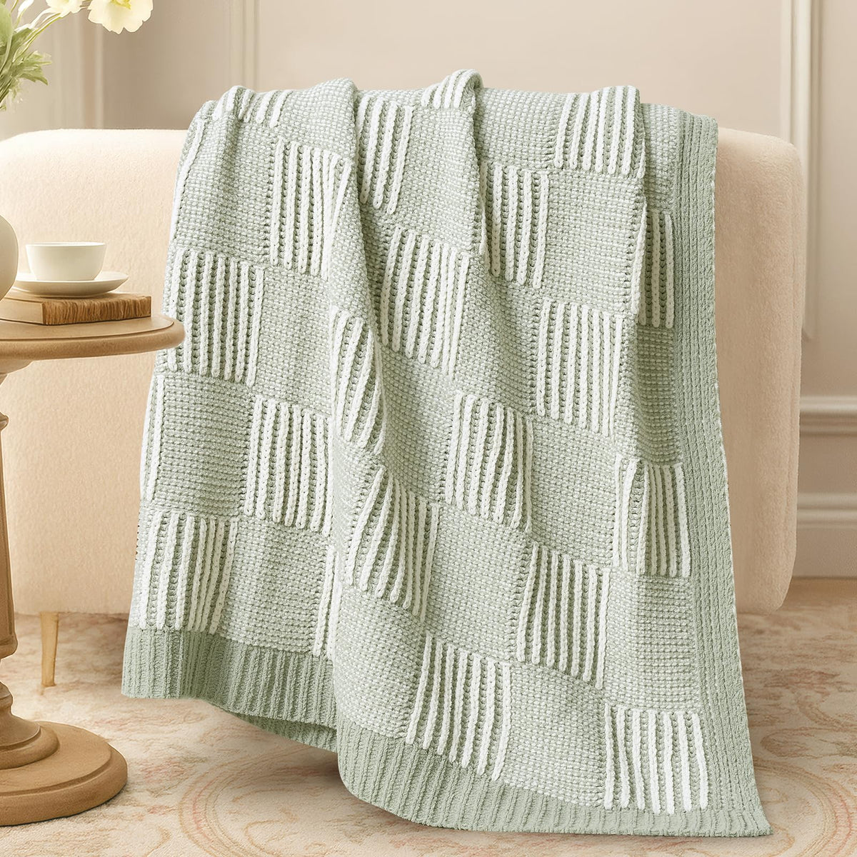 Checkered Knit Throw Blanket, Blue, 50 x 60 Inch