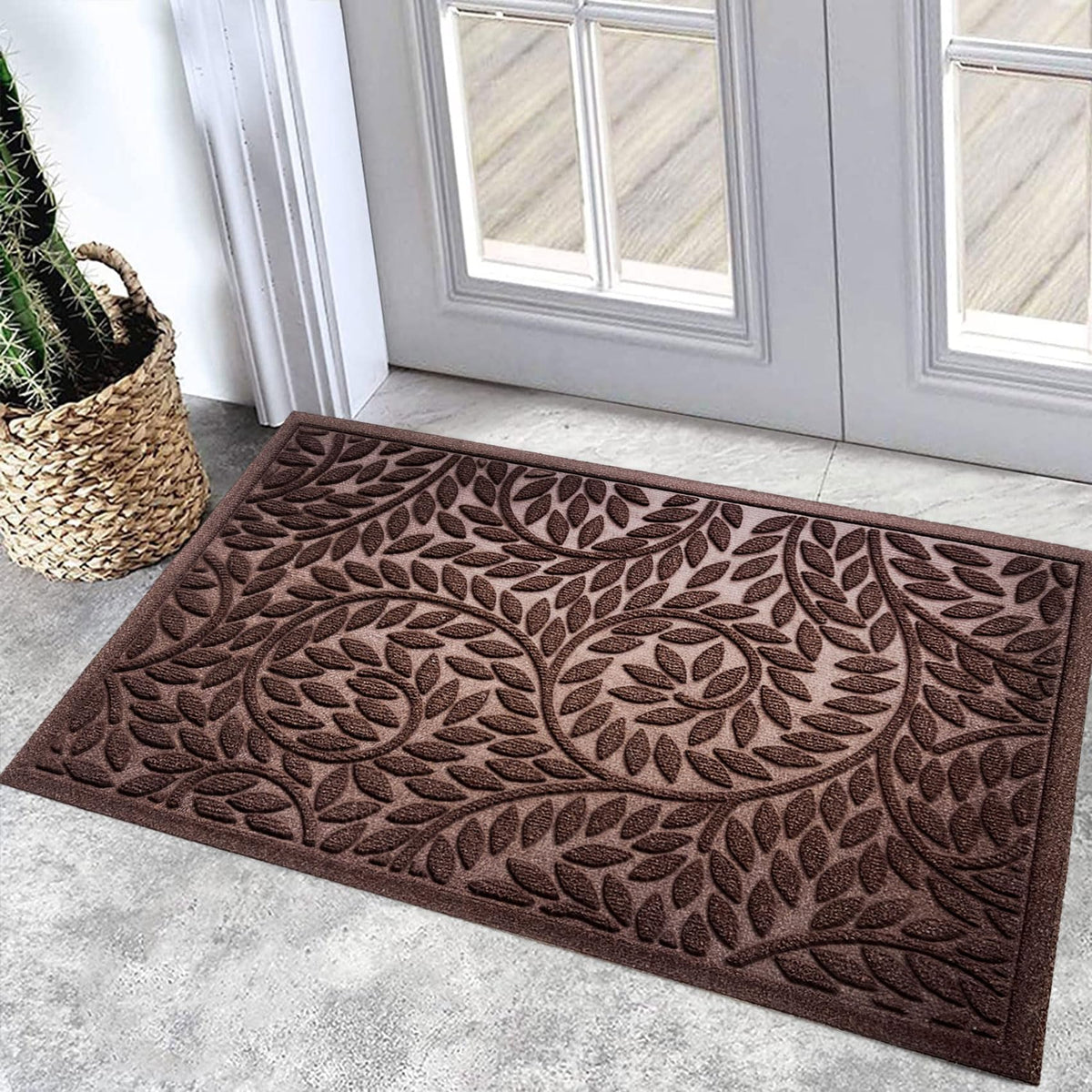 Blue Leaf Front Door Mat, Non-Slip Rubber