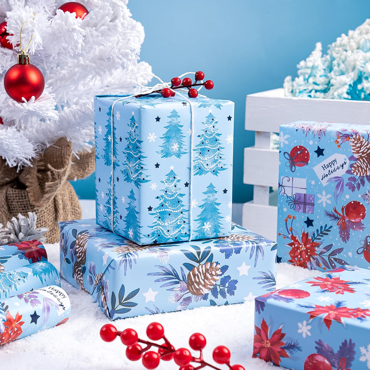Christmas Wrapping Paper Rolls, Blue and Silver, 4 Rolls