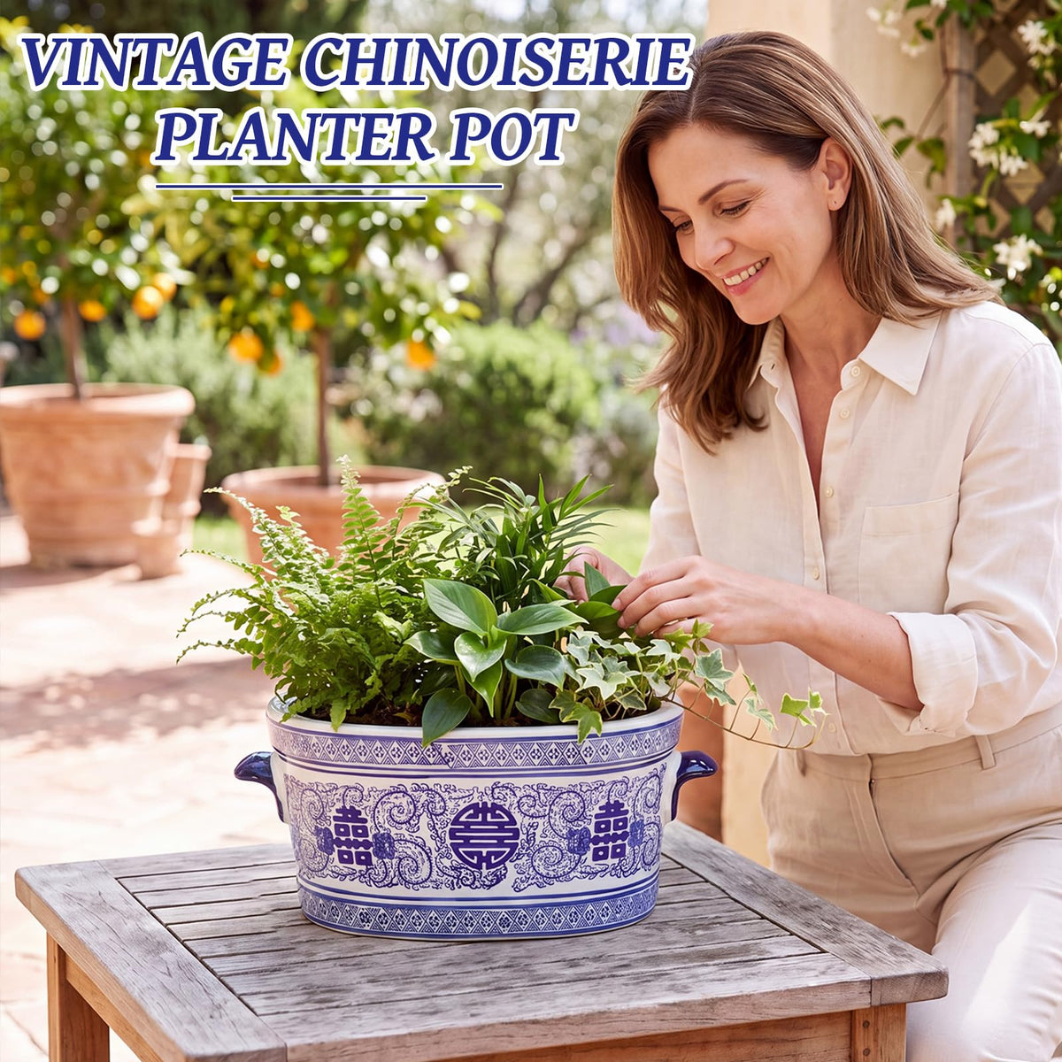 Blue and White Chinoiserie Oval Planter