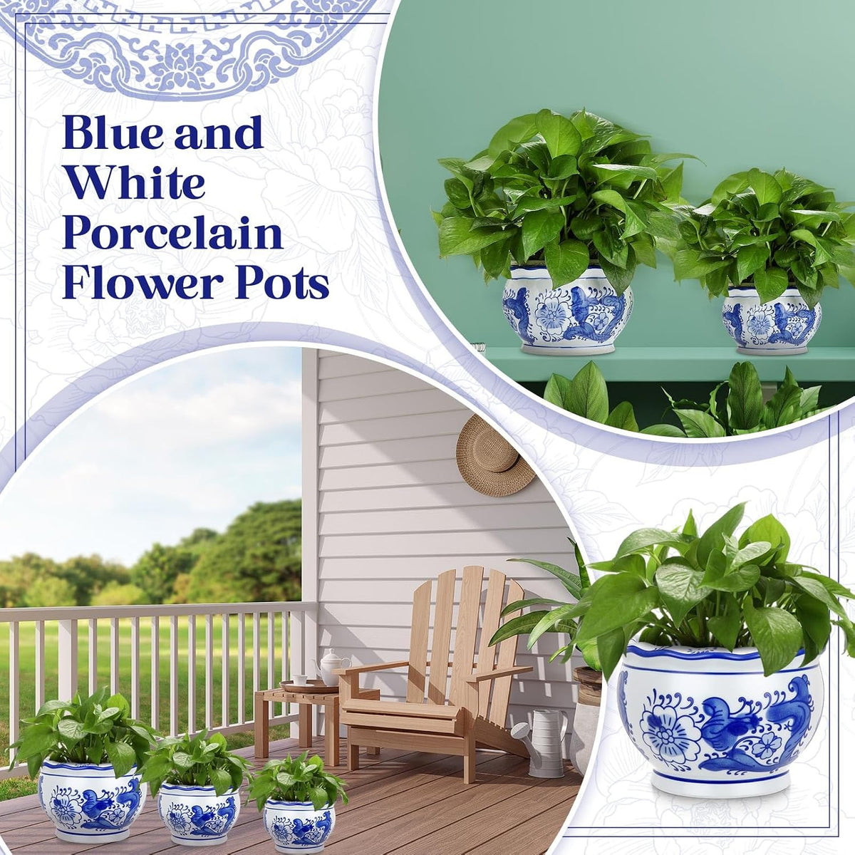 Blue and White Chinoiserie Planters with Saucers, Set of 3