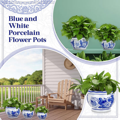 Blue and White Chinoiserie Planters with Saucers, Set of 3