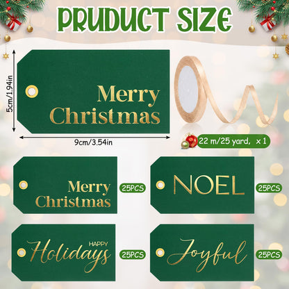 Christmas Gift Tags with Ribbon, 100 Pack, Blue and Silver