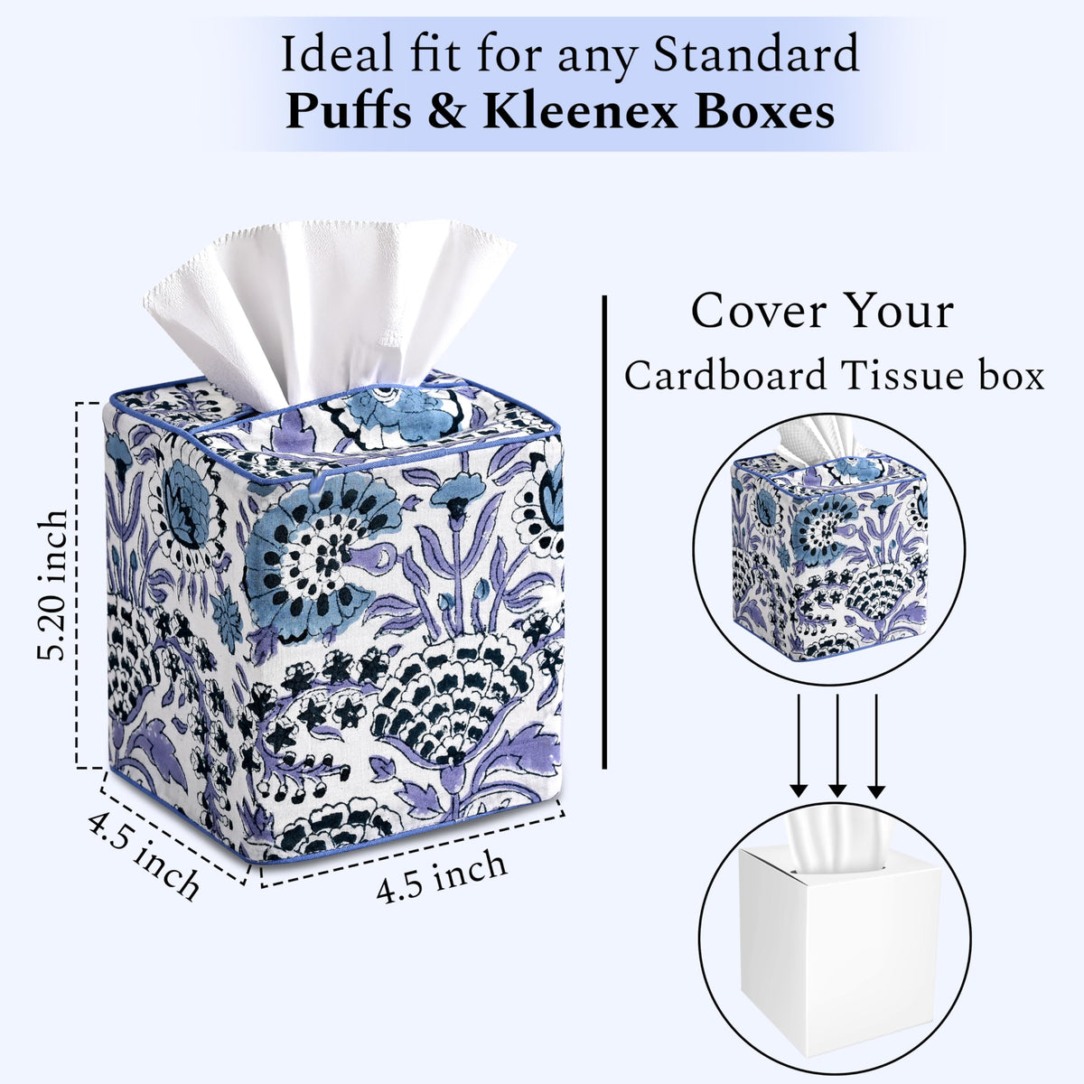 Block Print Cotton Tissue Box Cover, Apatite Blue