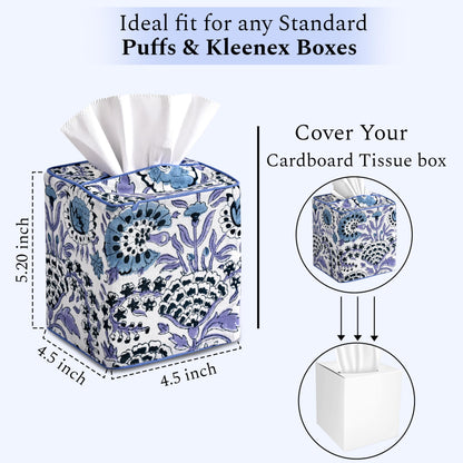 Block Print Cotton Tissue Box Cover, Apatite Blue