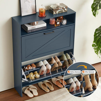 Blue Narrow Shoe Cabinet with 2 Flip Drawers