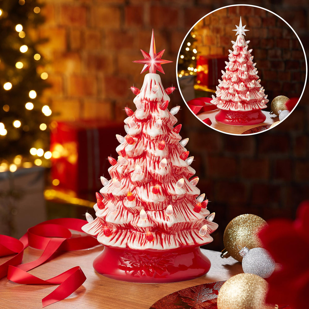 Hand Painted Ceramic Christmas Tree, 15 Inch Pre-Lit