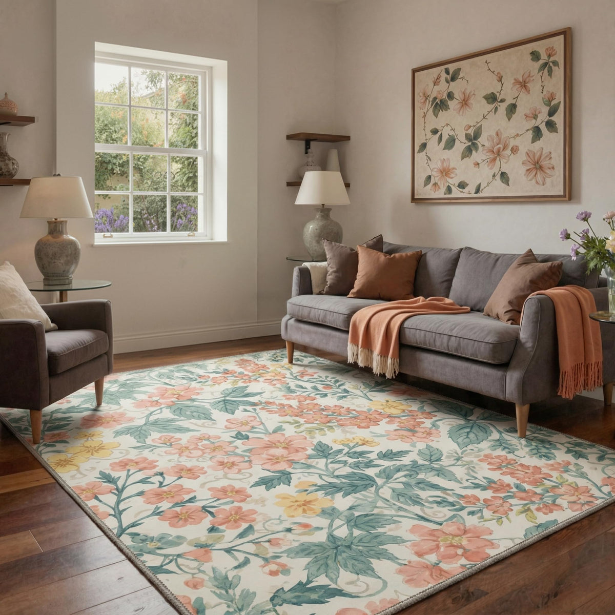 Bavni Dusty Blue Floral Washable Rug