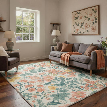 Bavni Dusty Blue Floral Washable Rug