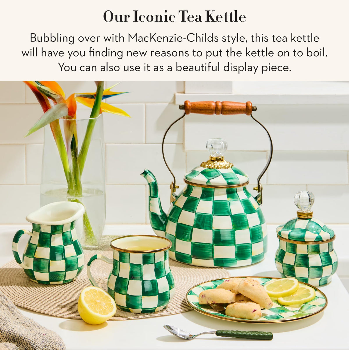MacKenzie-Childs Enamel Tea Kettle, Royal Check
