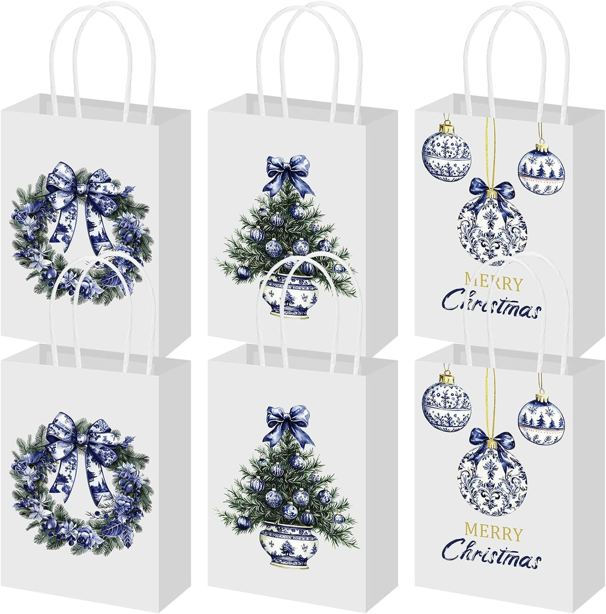 Blue Chinoiserie Floral Christmas Gift Bags, Set of 12