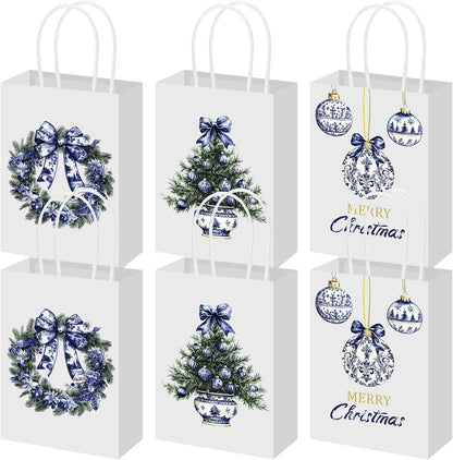 Blue Chinoiserie Floral Christmas Gift Bags, Set of 12