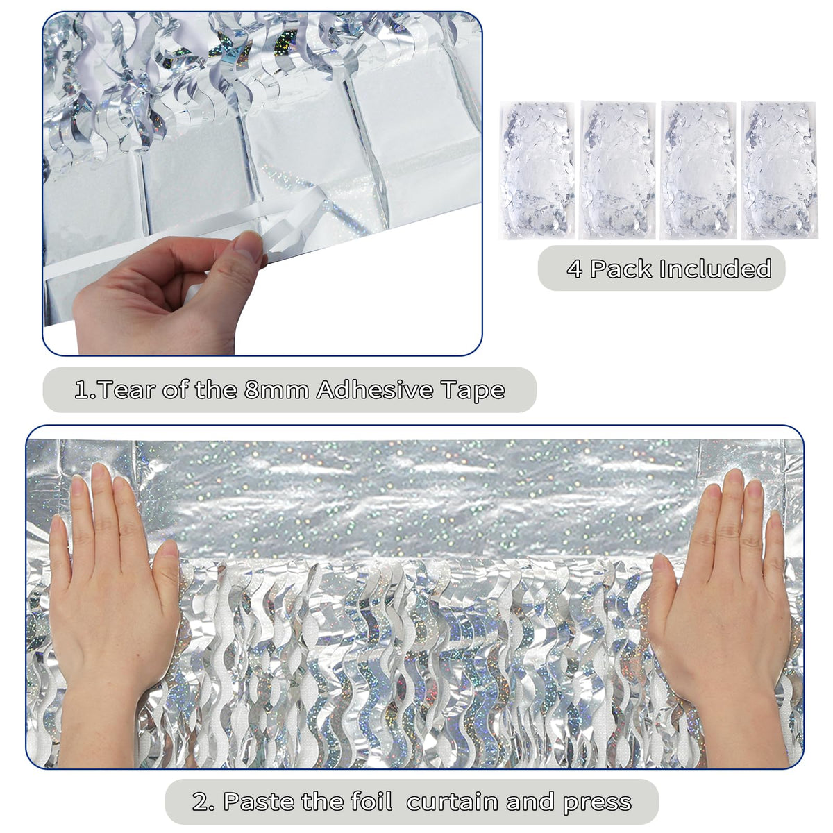 Navy Blue Foil Fringe Curtains, 4 Pack
