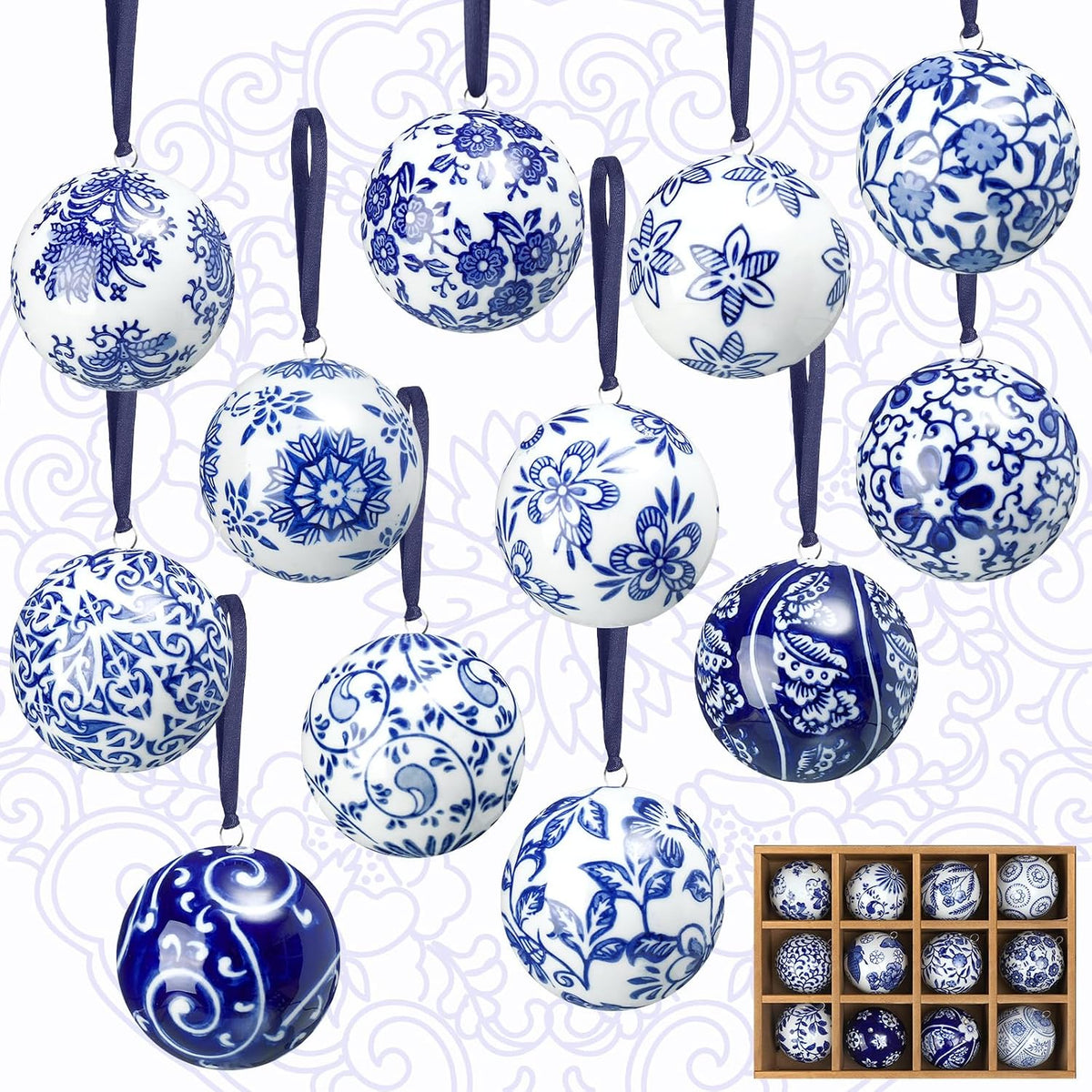 Blue and White Porcelain Christmas Balls, Set of 6 or 12