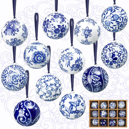 Blue and White Porcelain Christmas Balls, Set of 6 or 12