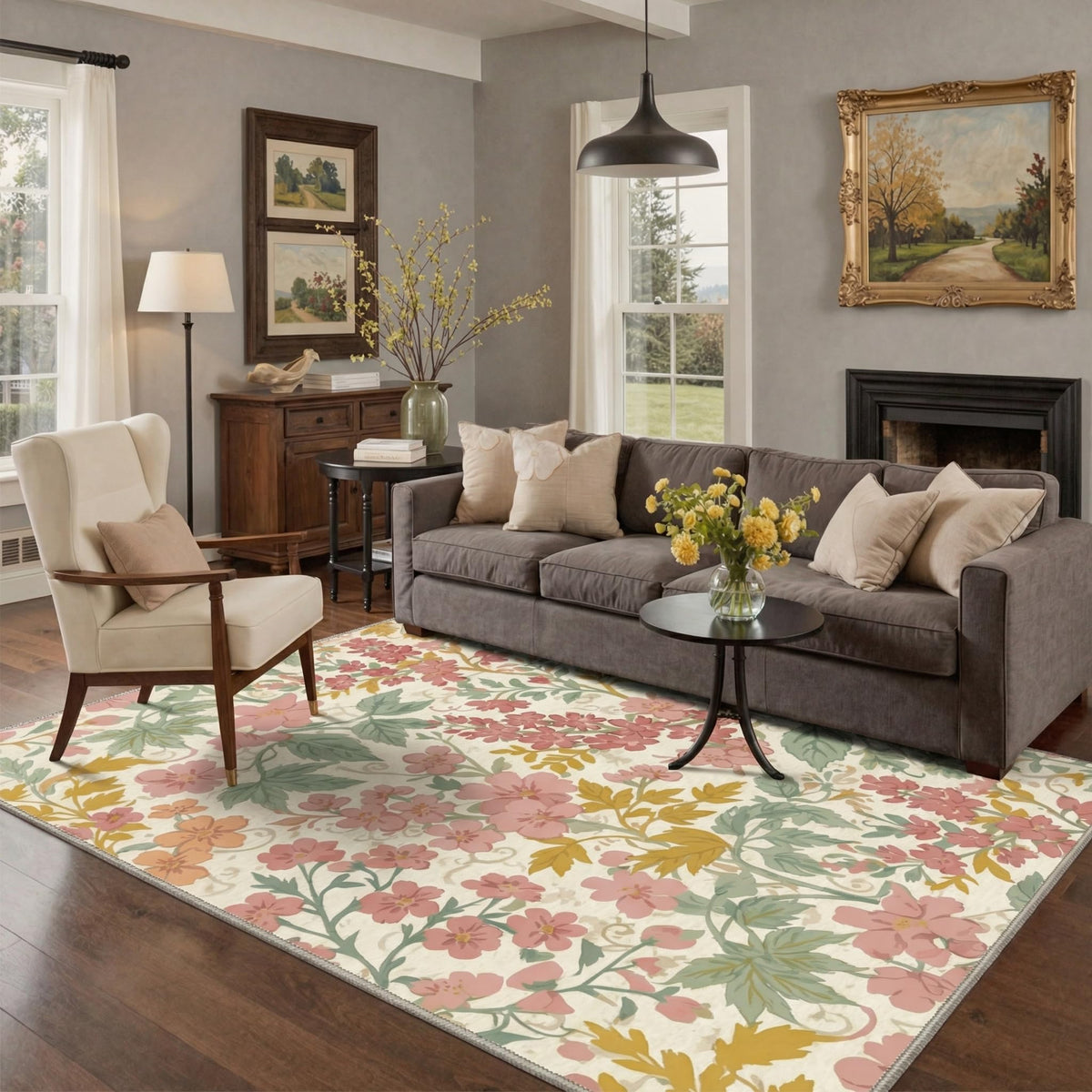 Bavni Dusty Blue Floral Washable Rug