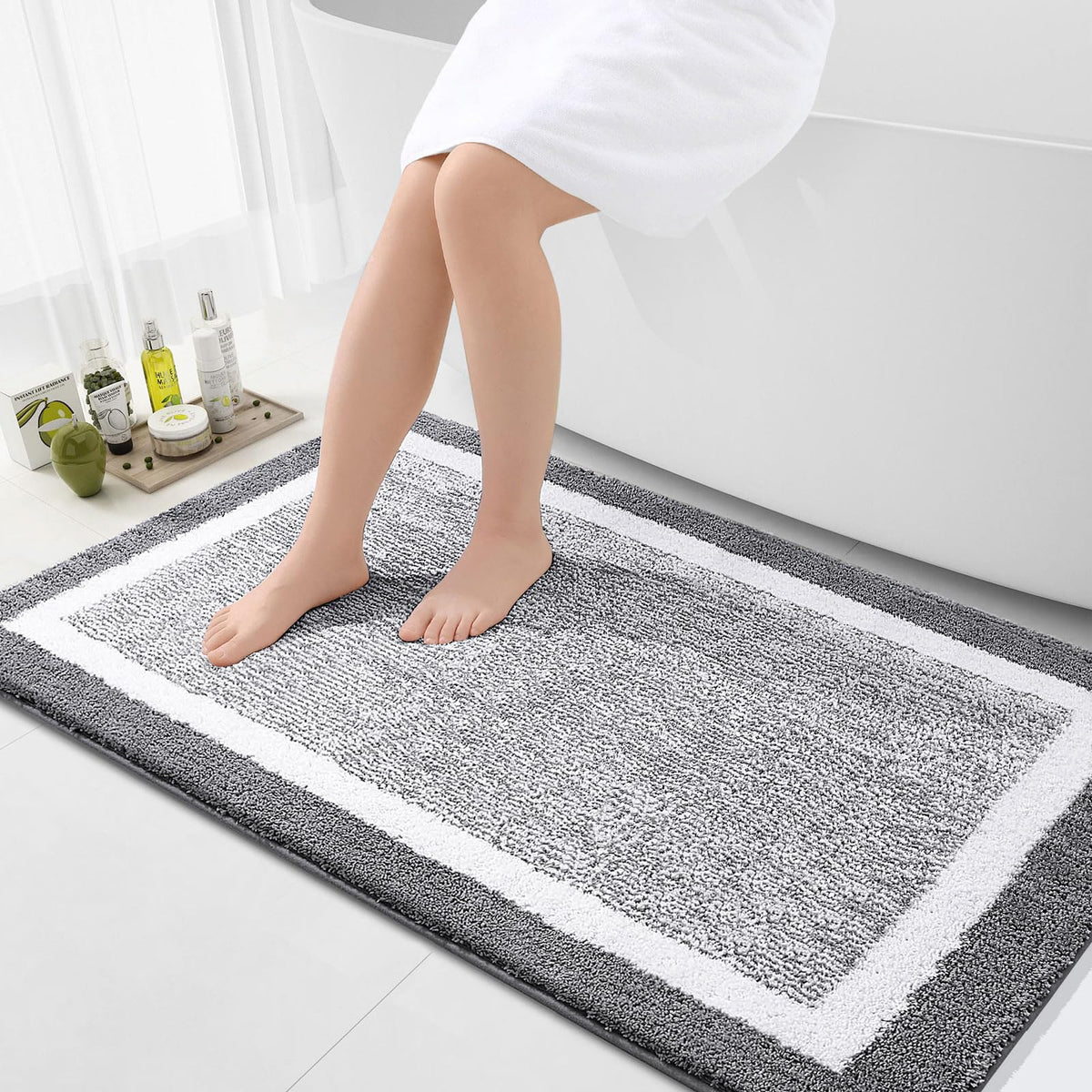 Navy and White Microfiber Bath Rug, 36 x 24