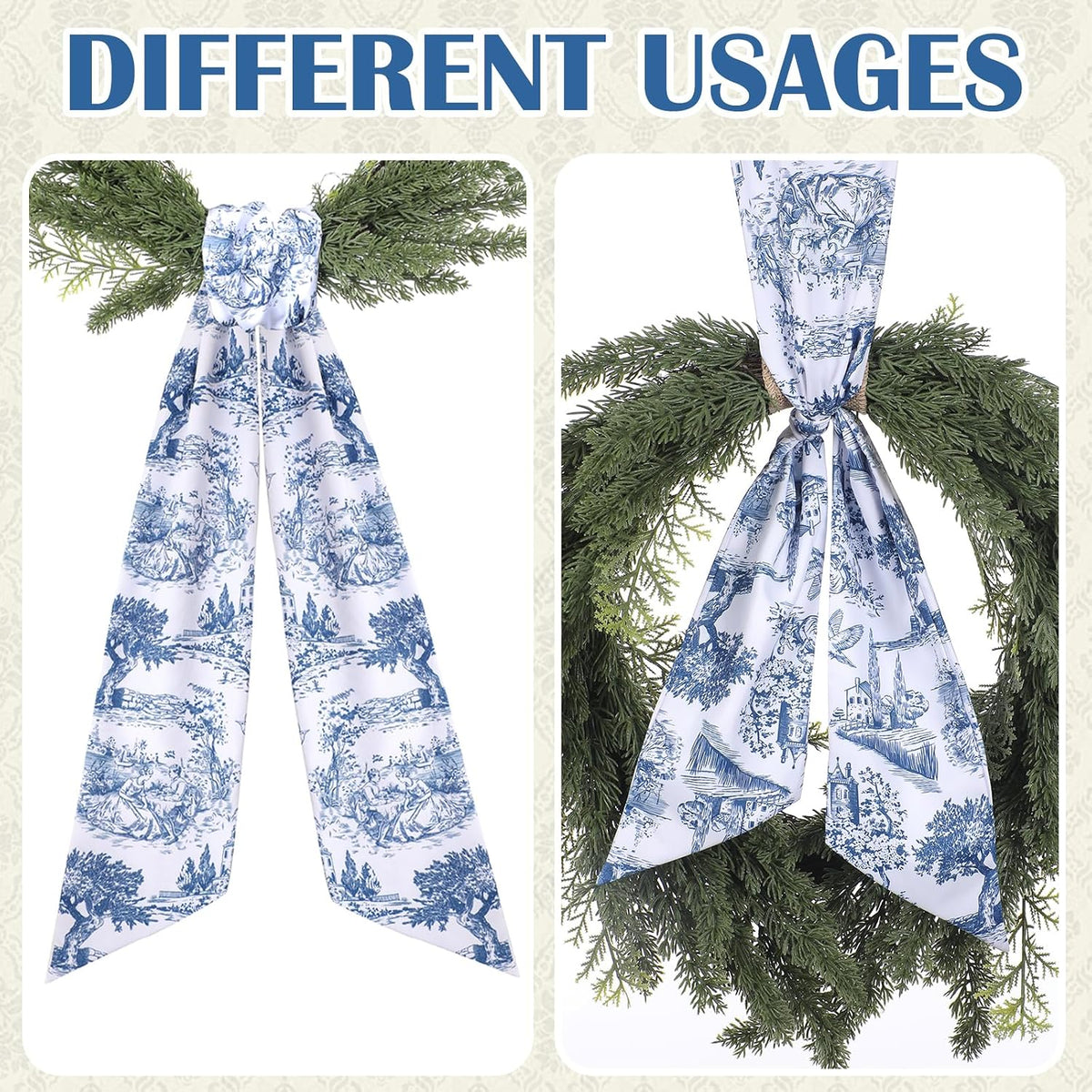 Blue French Toile Wreath Sash, Set of 2
