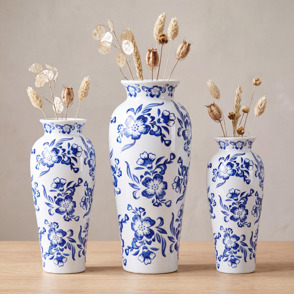 Set of 3 Blue and White Chinoiserie Vases