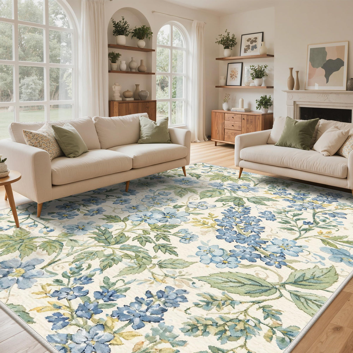Bavni Dusty Blue Floral Washable Rug