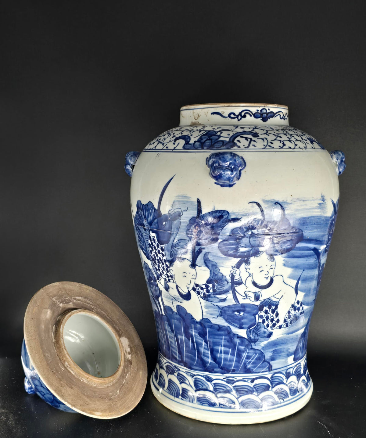Blue and White Lotus Ginger Jar, 19 Inch