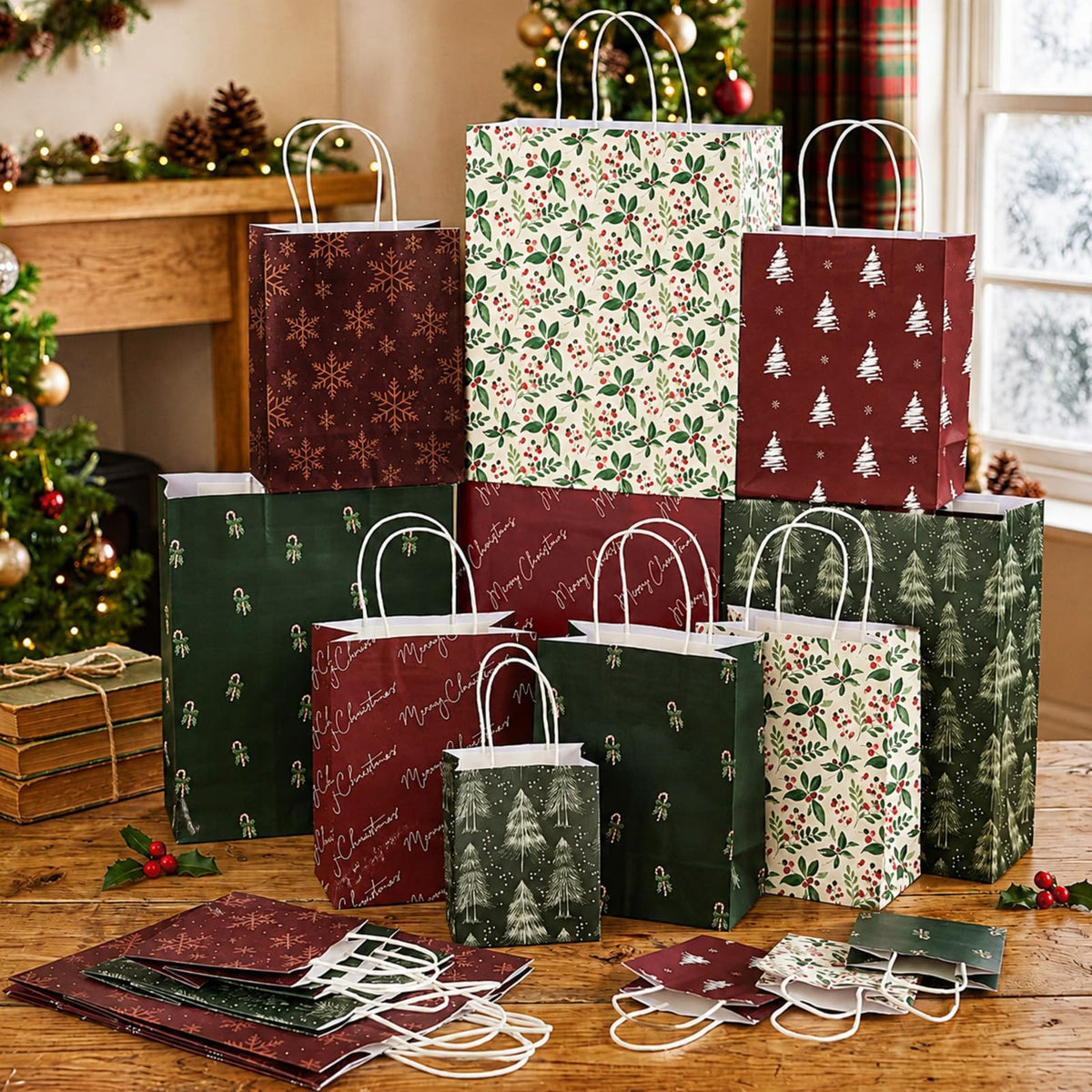 Blue Toile Christmas Kraft Gift Bags, Set of 18