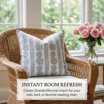 Camille Blue Floral Block Print Pillow Cover