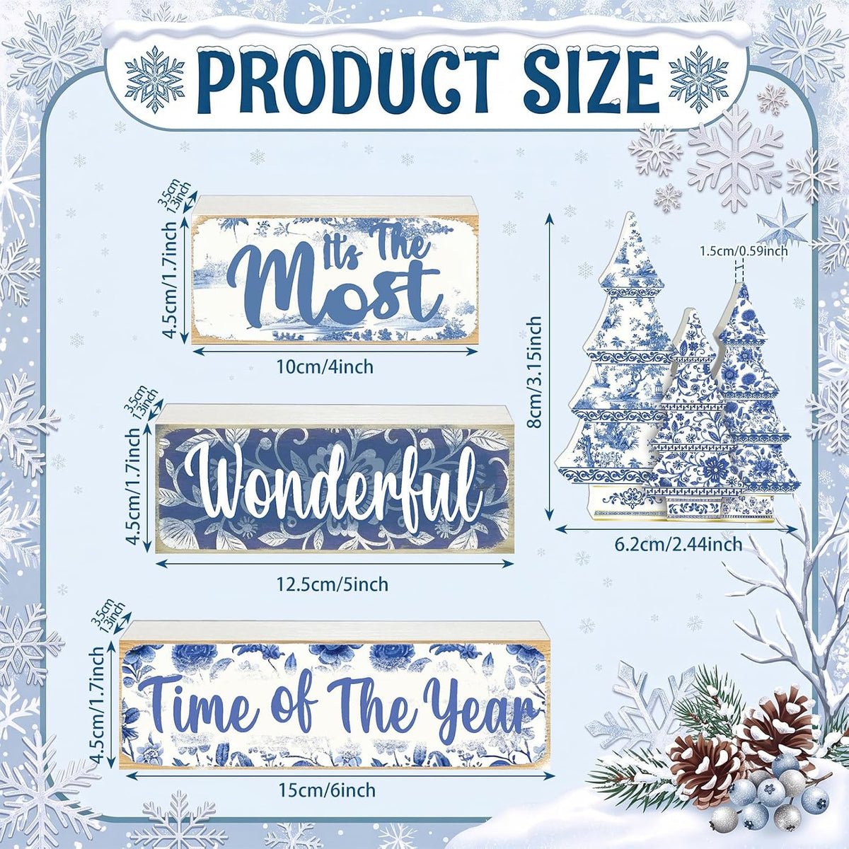 Blue and White Christmas Wood Block Signs, Set of 4