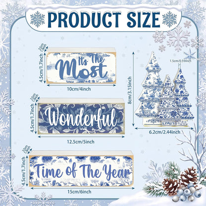 Blue and White Christmas Wood Block Signs, Set of 4