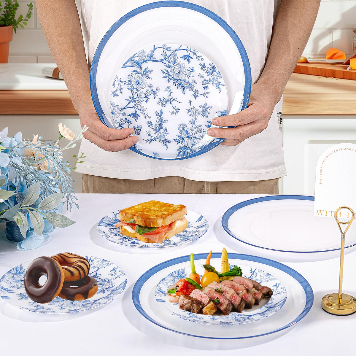 Blue Floral Plastic Plates, 60 Pieces