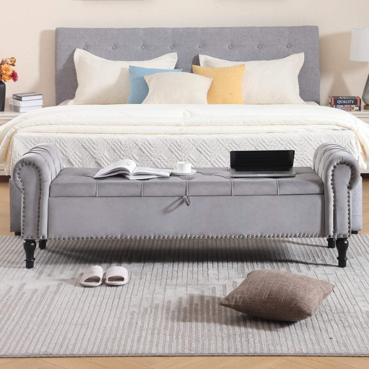 Navy Velvet Tufted Storage Bench